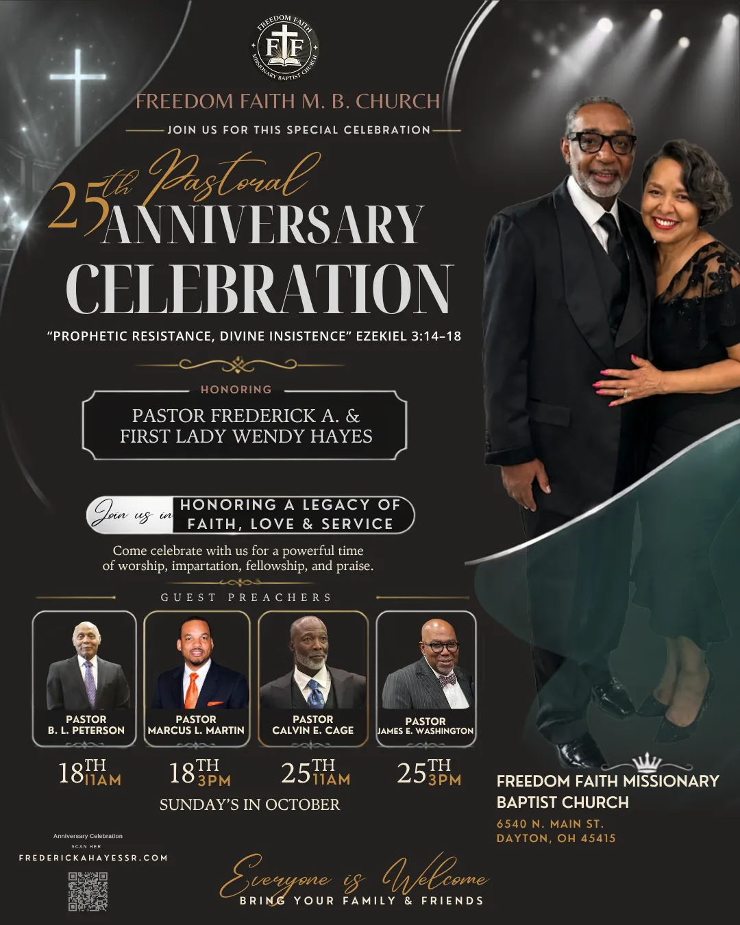 25th Pastoral Anniversary flyer listing the October 2026 guest preachers and service times